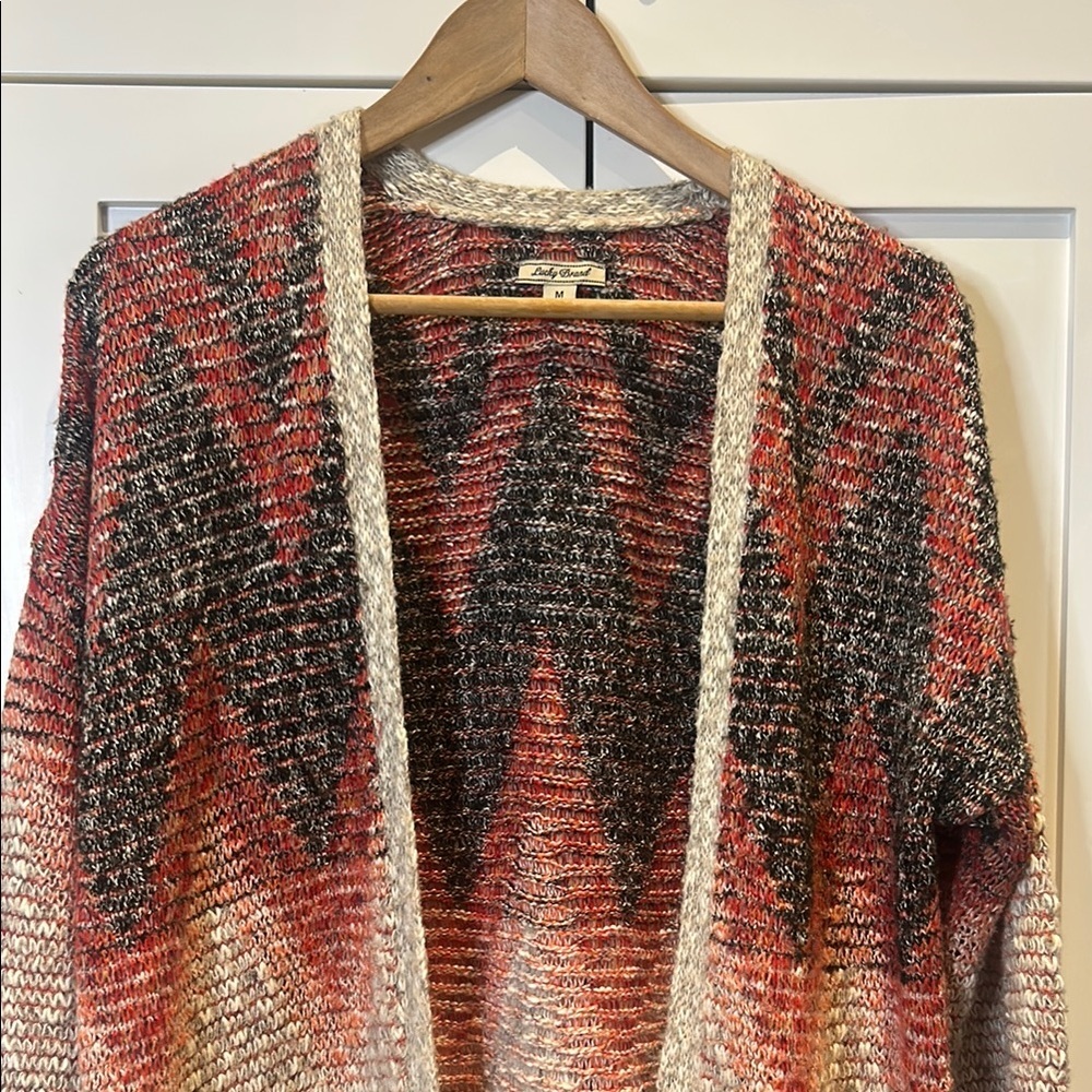 Lucky Brand Aztec Print Southwestern print Long Open Fringe Cardigan Size M - Picture 2 of 13